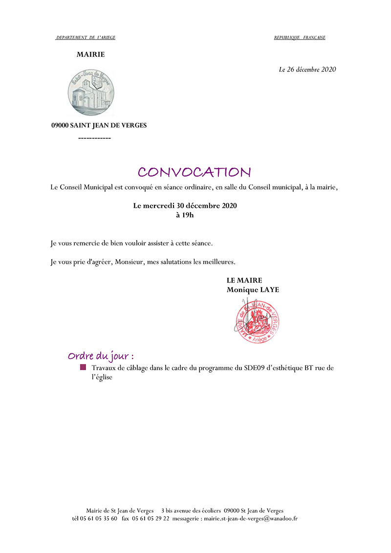 Ordre du jour du Conseil municipal du 30 décembre 2020