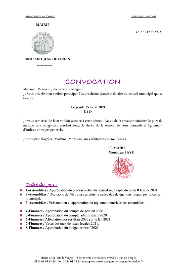 Ordre du jour du Conseil municipal du 15 avril 2021