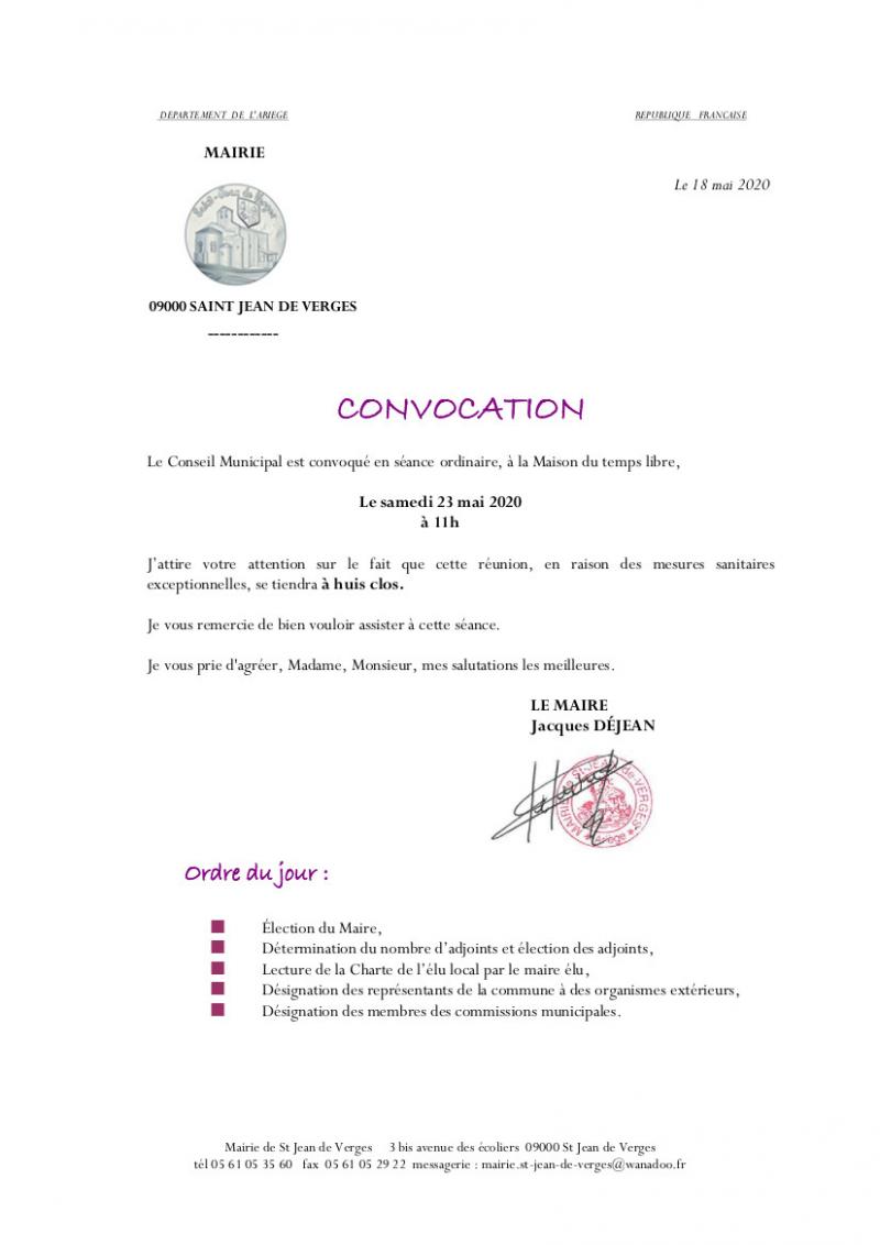 Ordre du jour du Conseil municipal du 23 mai 2020