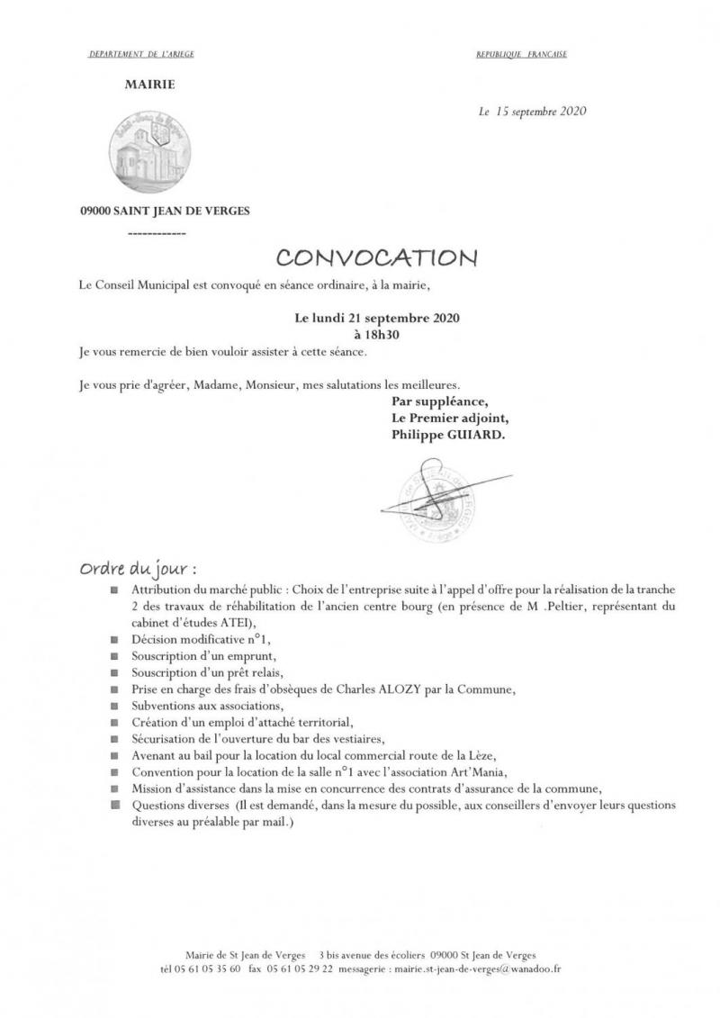 Ordre du jour du Conseil municipal du 21 septembre 2020